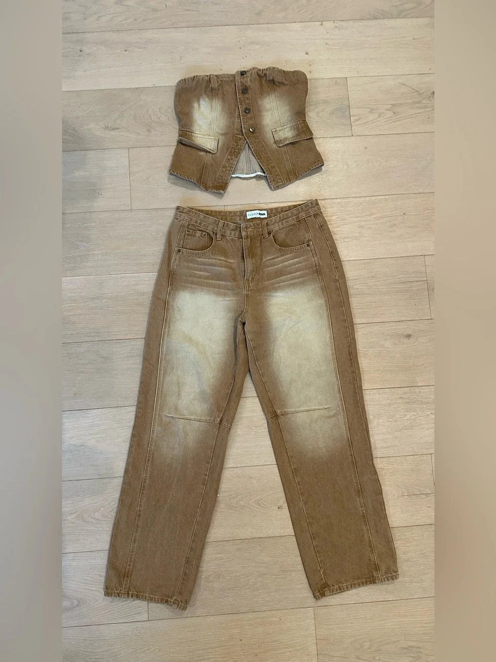 Fashion Nova Brown High-Rise Washed Denim Set